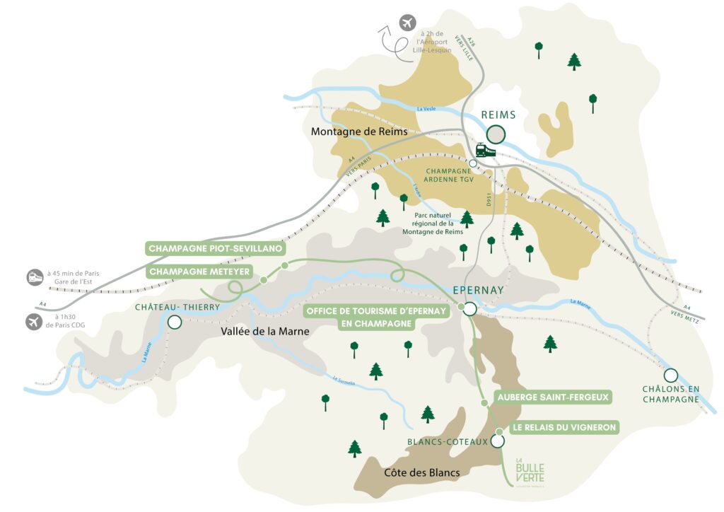 Carte de la Route des Bulles Vertes en Champagne